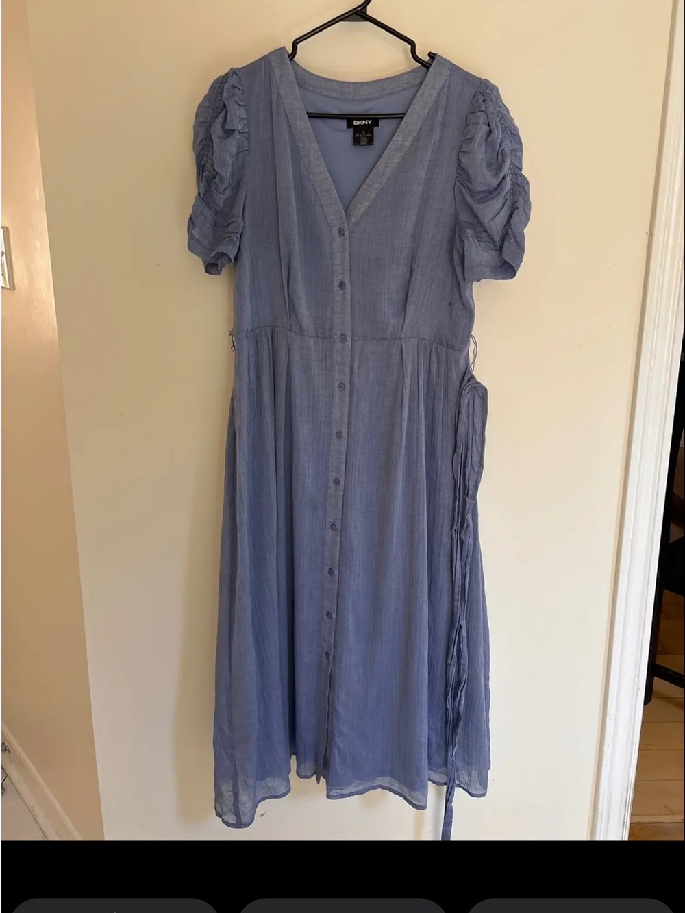 DKNY Dusty Blue V-Neck Button Midi Dress with Side Ties